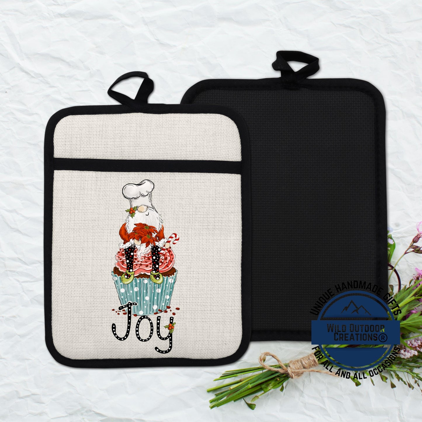 Gnome Pot Holder Linen Hot Pad Christmas Cupcake Joy Baking Kitchen Gift Decor