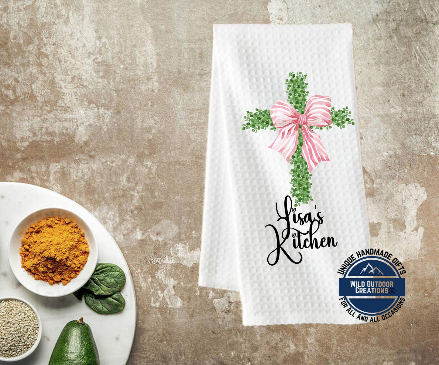 Personalized Kitchen Towel - Custom Name Cross Design with Pink Bow | Easter Gift - additional product photo 11