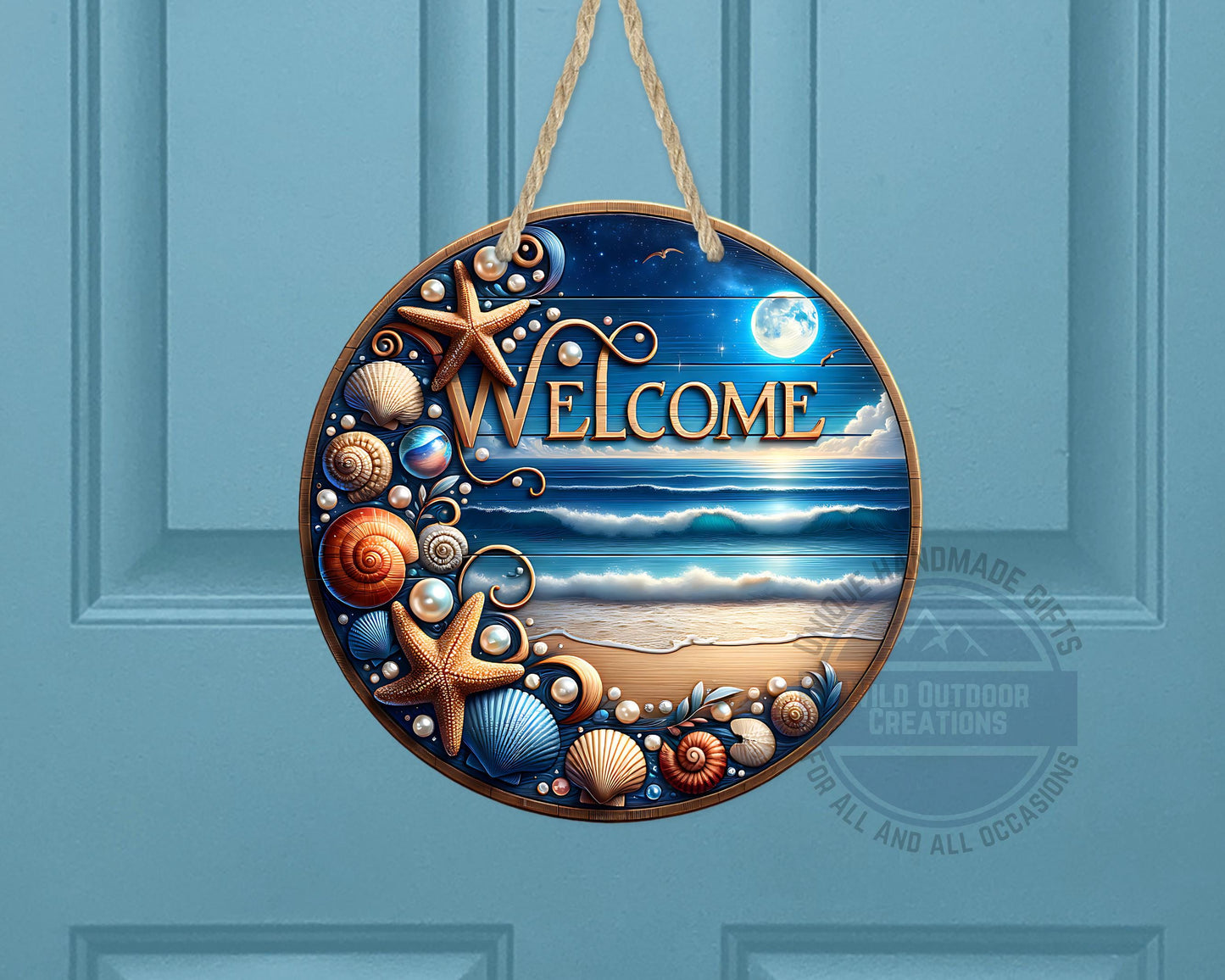 Coastal Door Sign – Nighttime Ocean View | Weather-Resistant Aluminum Outdoor Welcome
