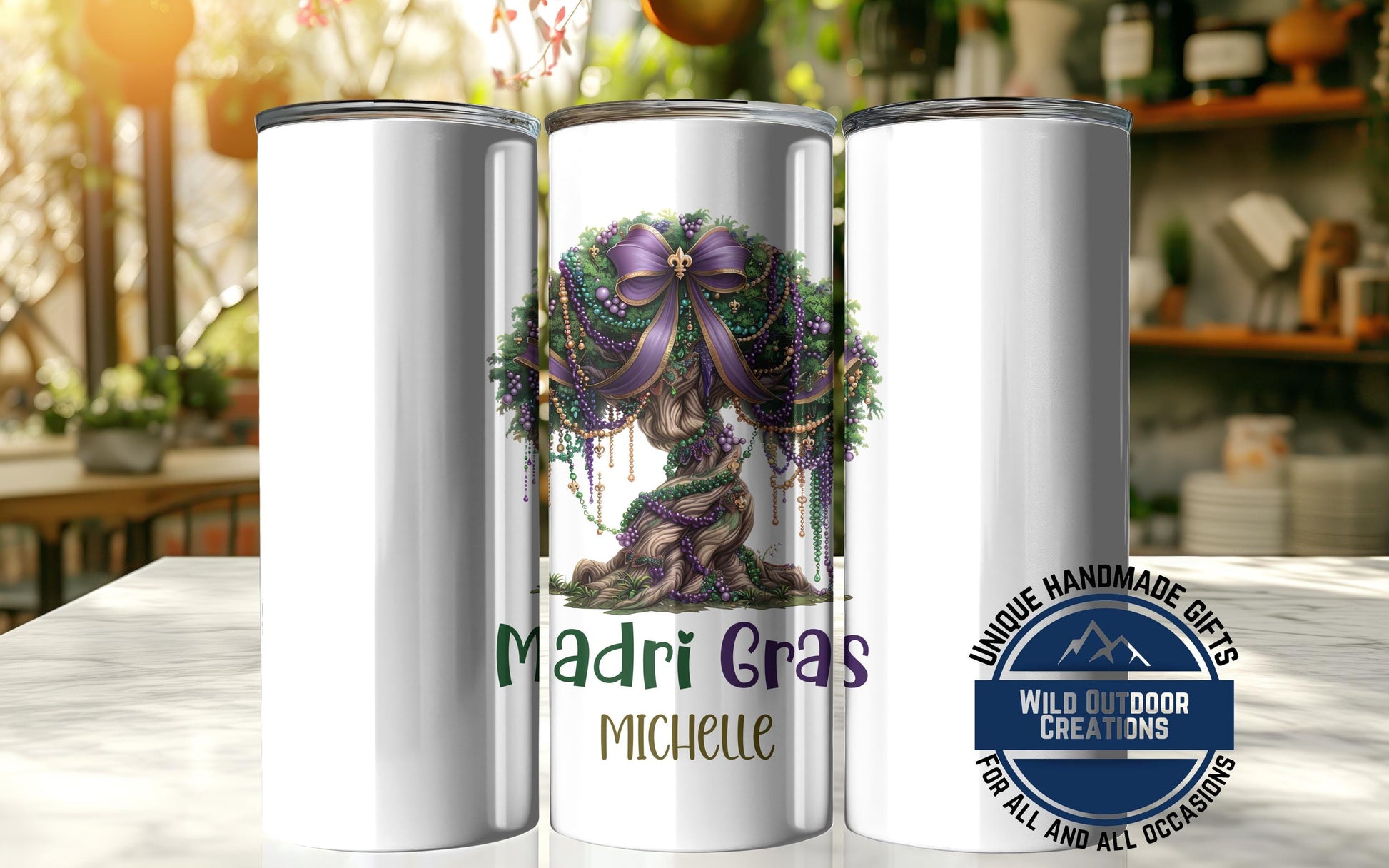 Mardi Gras Skinny Tumbler - Custom Name Glow In Dark Cup | Vacuum Insulated 20oz & 30oz - alternate view