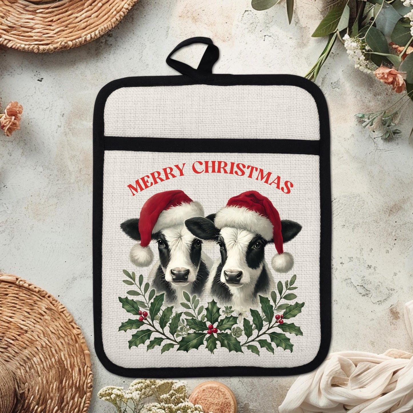 Christmas Cow Pot Holder with Santa Hats - Rustic Black  White Farmhouse Kitchen Decor
