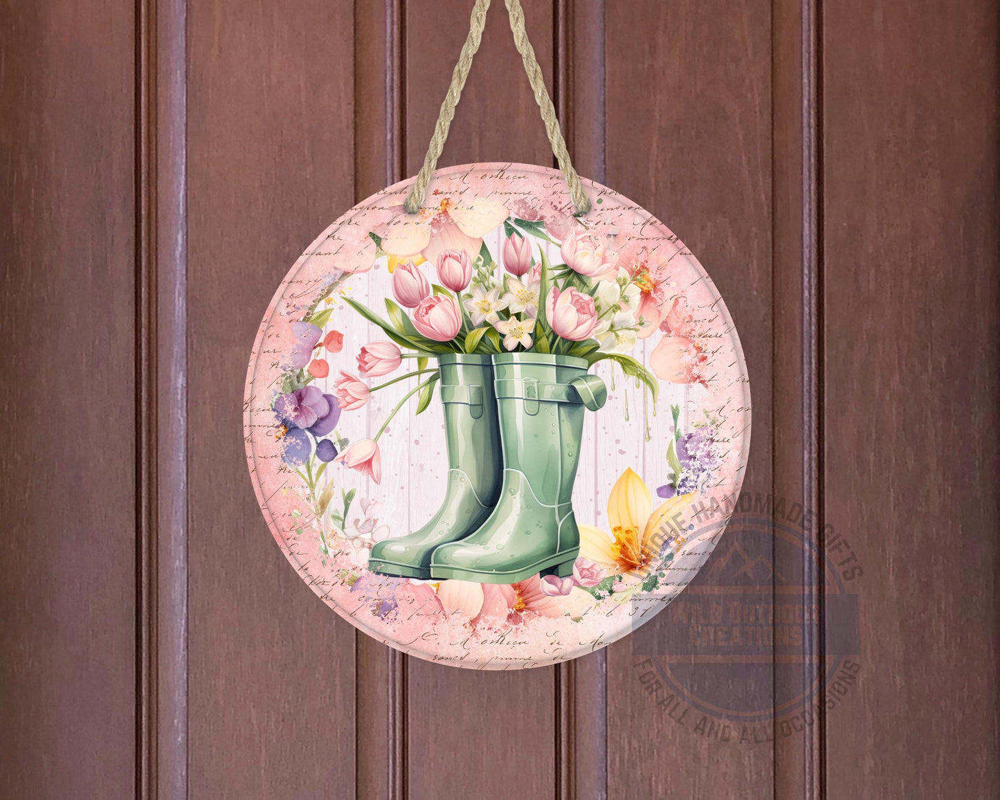 Spring Garden Boots - Pink Tulip Floral Door Hanger | Rustic Farmhouse Charm