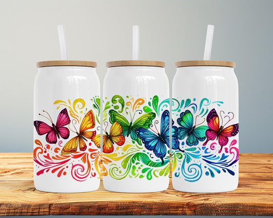 Rainbow Butterfly Insulated Tumbler, 16oz Stainless Steel Travel Cup, Butterfly Gift for Her