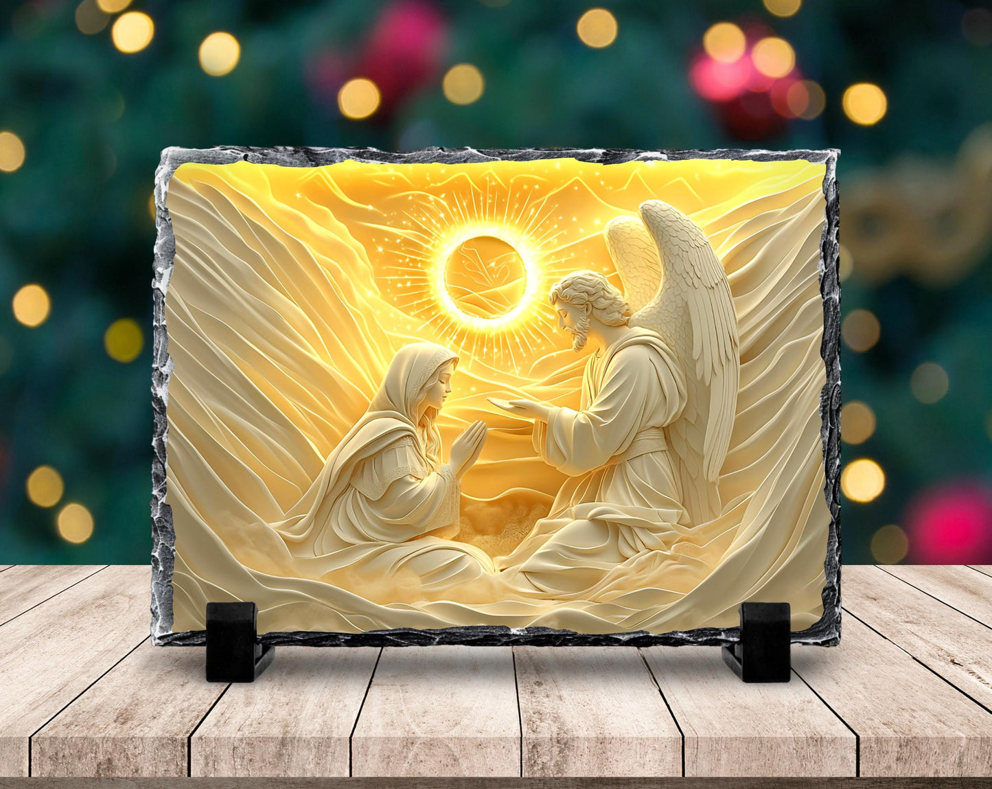 3D Mary with Angel Slate Plaque - Gold Sun Design Fractured Edges