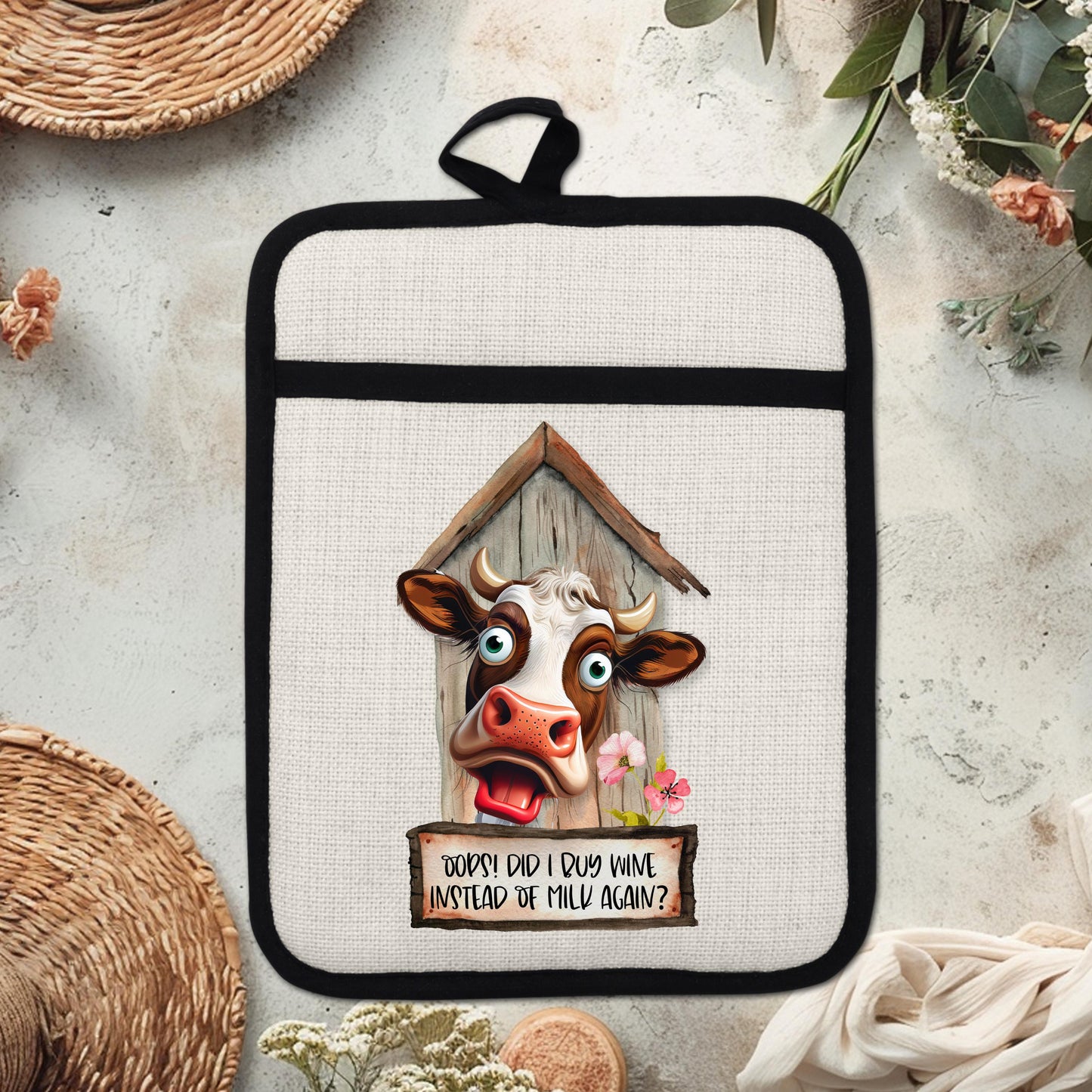 Funny Cow Pot Holder with Quirky Barn  Flower Design - Oops Did I Buy Wine Instead of Milk Linen Hot Pad