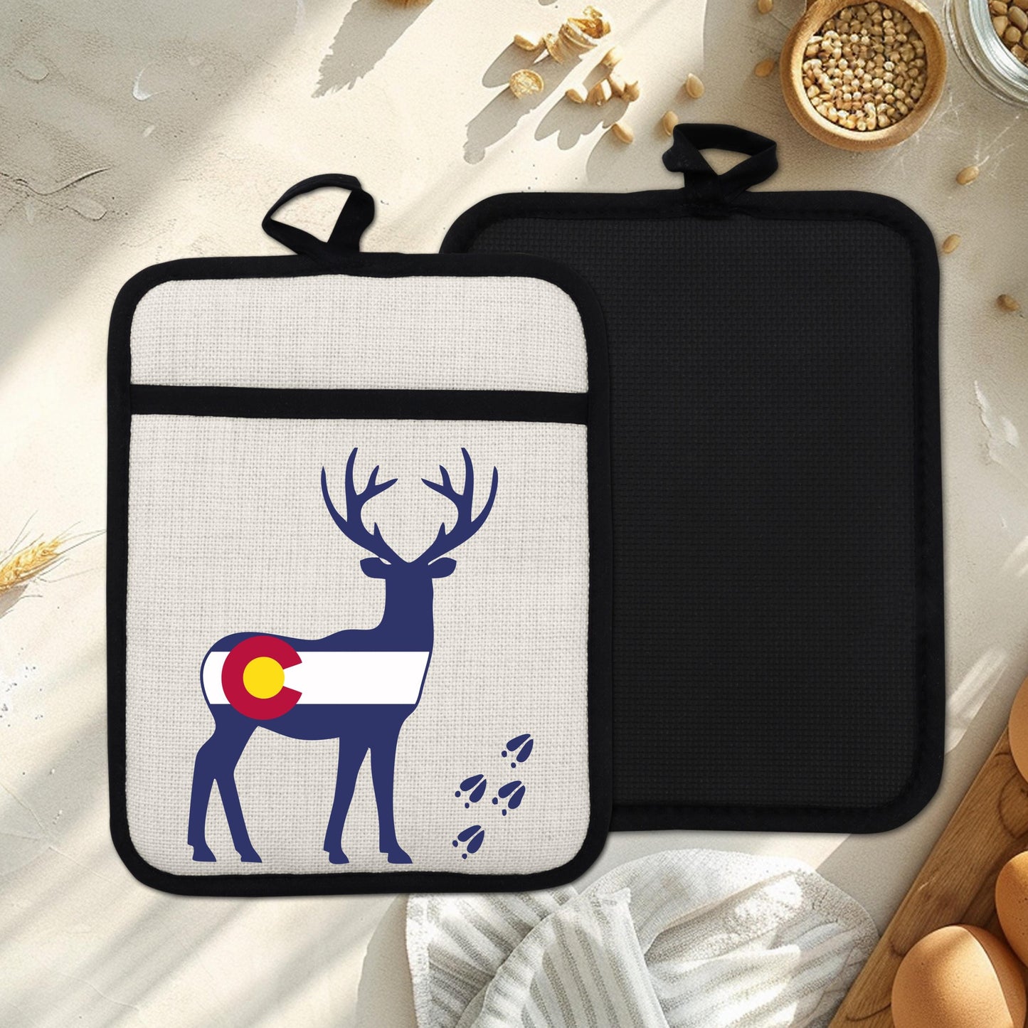 Colorado Deer Pot Holder - Linen Fabric, Silicone Back Trivet with Pocket Grip
