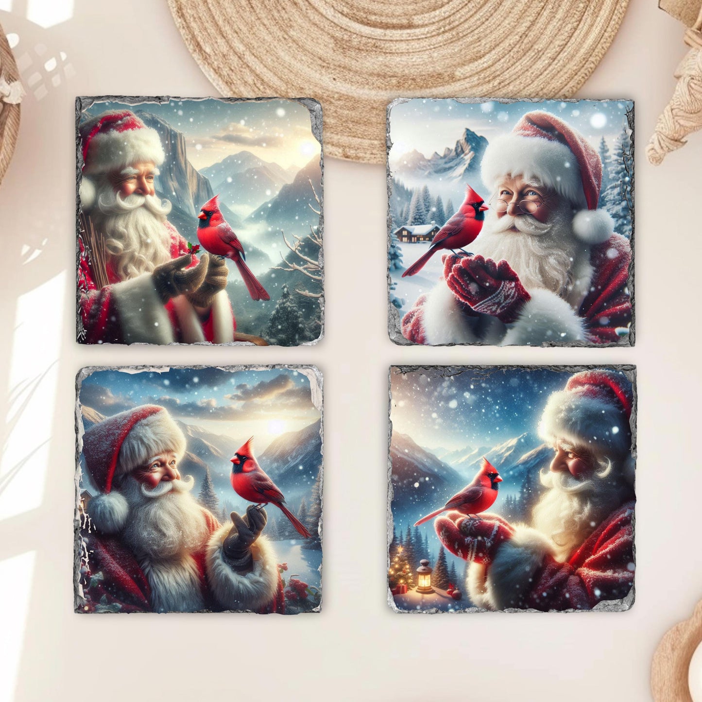 Slate Coaster Set with Santa  Cardinal Winter Scene - Fractured Edged Coasters for Holiday Decor  Gifting