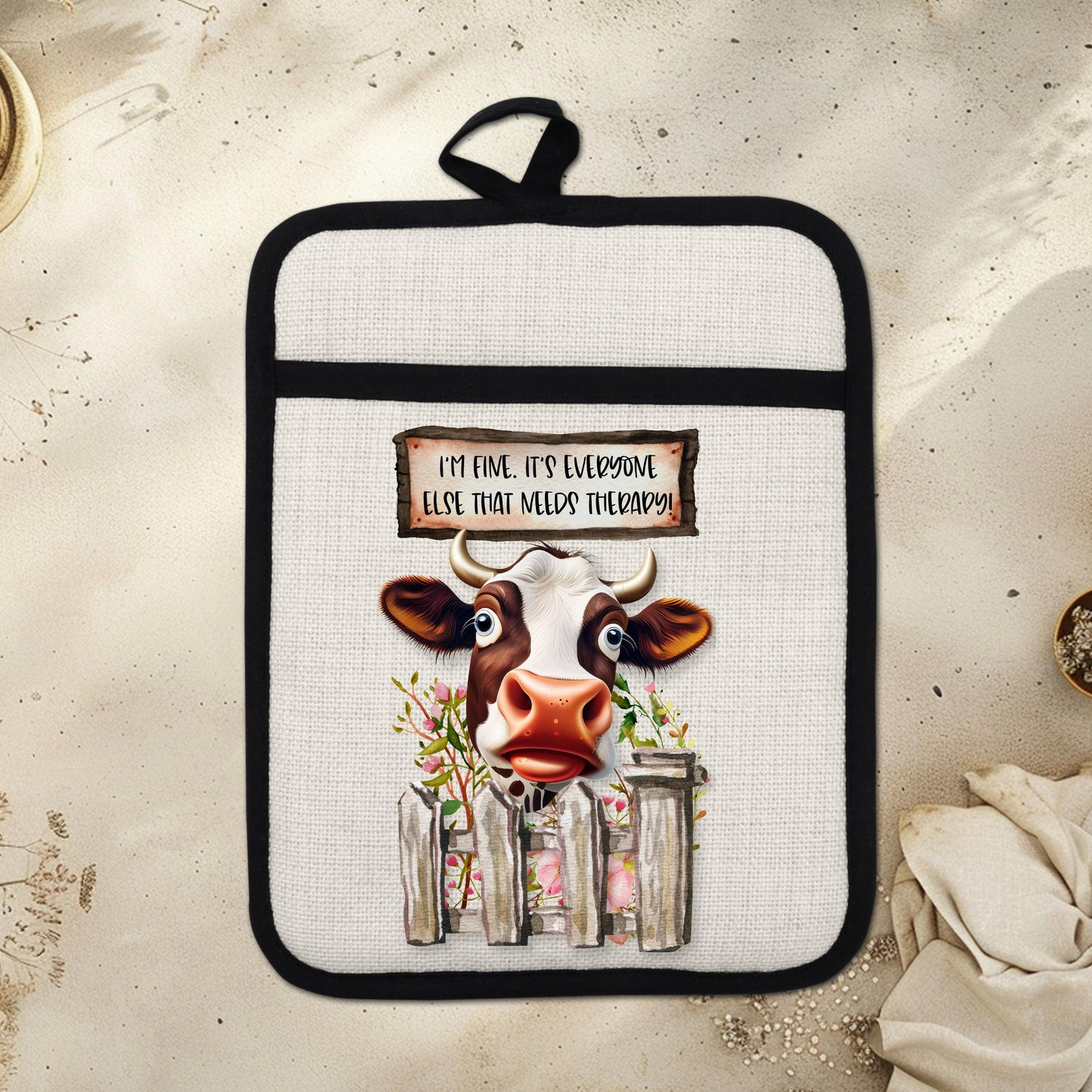 Funny Cow Pot Holder with Quirky Fence Design  Flowers - Im Fine Everyone Else Needs Therapy Linen Hot Pad