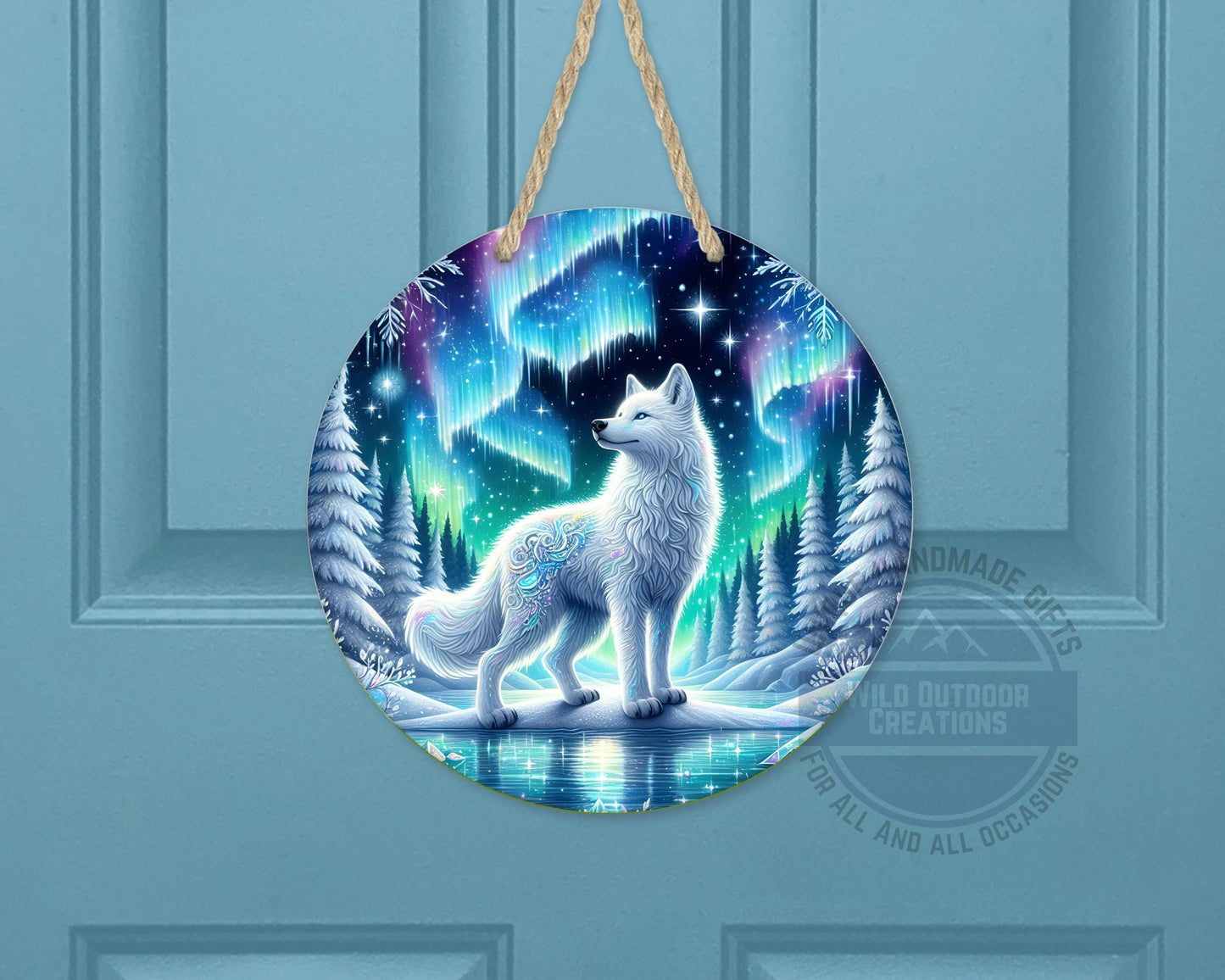 Wolf Door Hanger - Northern Lights Art | Rustic Cabin Sign, Outdoor Decor
