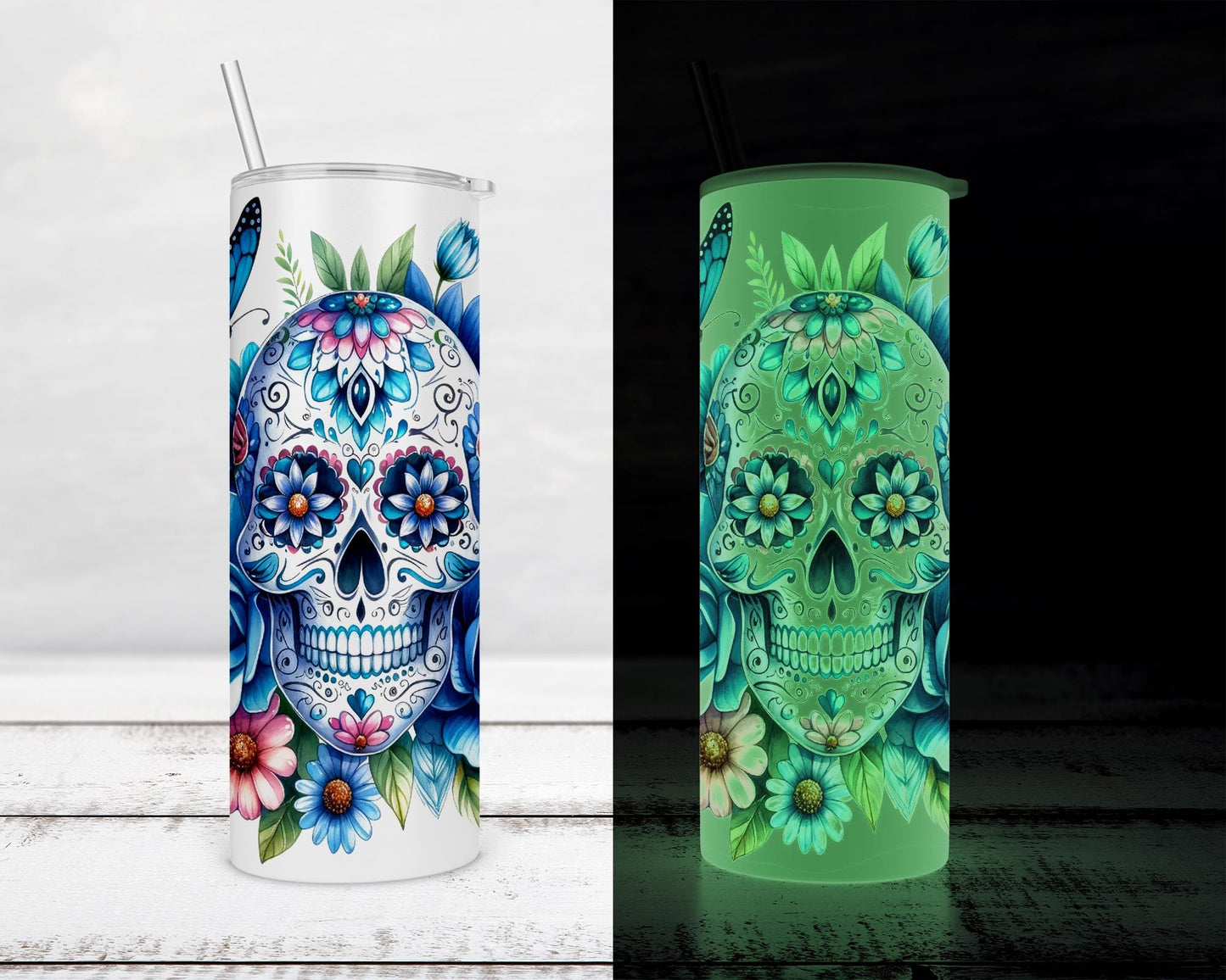 Glow In The Dark Sugar Skull Tumbler, Unique Gift for Spooky Chic