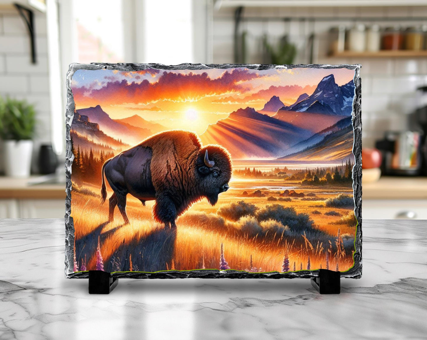 Bison Sunset Slate Sign – Rustic Buffalo Mountain Art With Fade Resistant Printing
