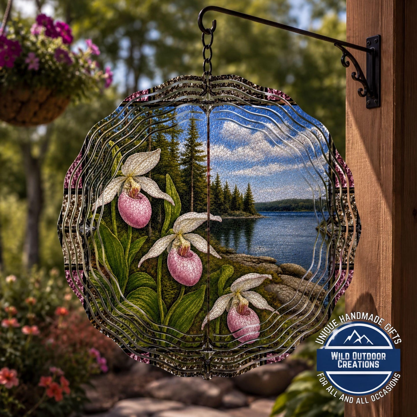 Minnesota State Flower Lady Slipper Wind Spinner Stained Glass Look Lighthouse Decor 10 Inch