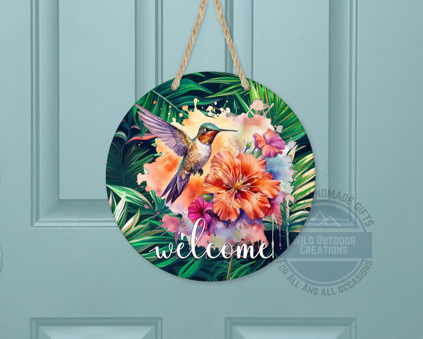 Tropical Hummingbird Door Hanger - Colorful Floral Welcome Sign with Fade Resistant Print