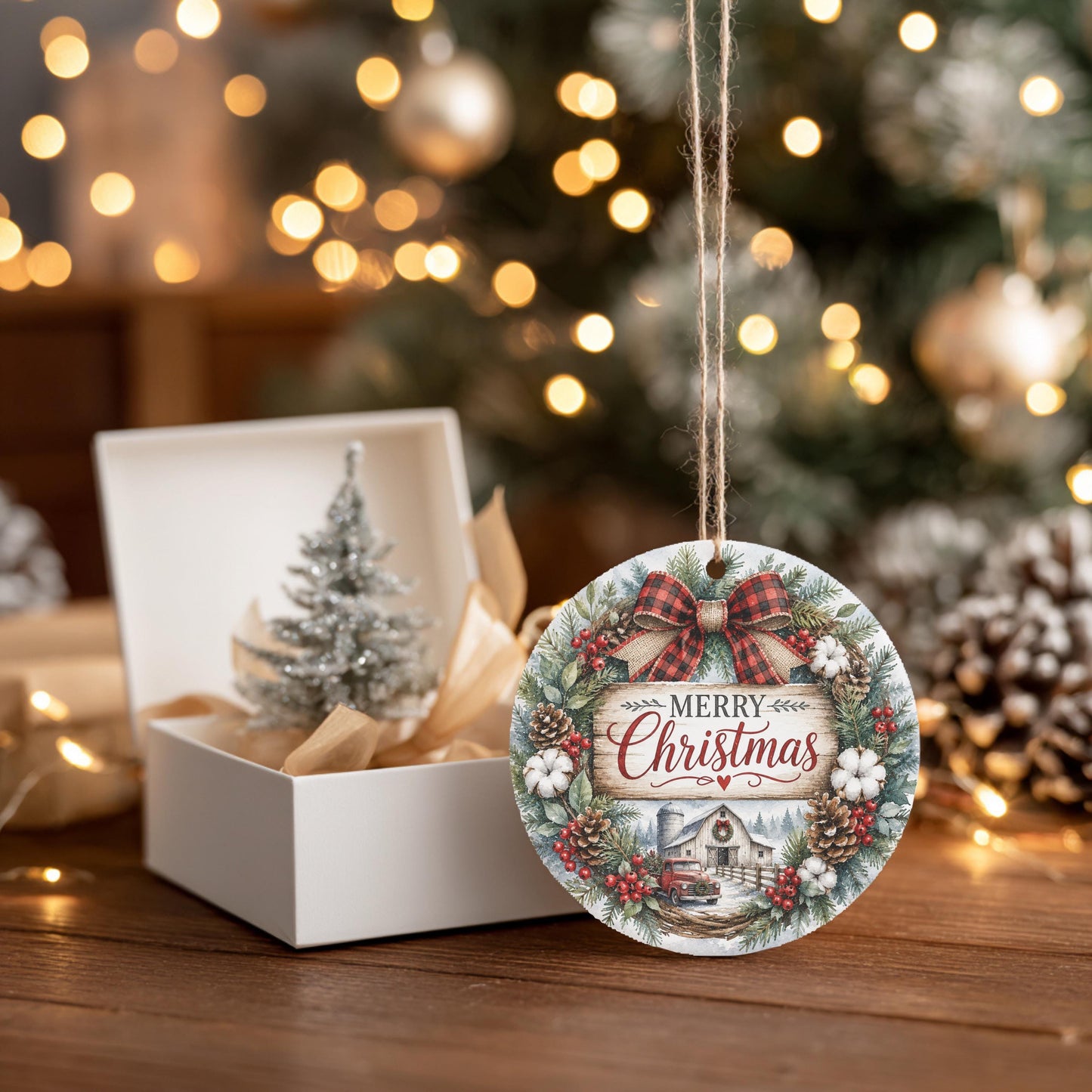Ceramic Christmas Ornament, Farmhouse Wreath Scene, 3 Inch, Ribbon
