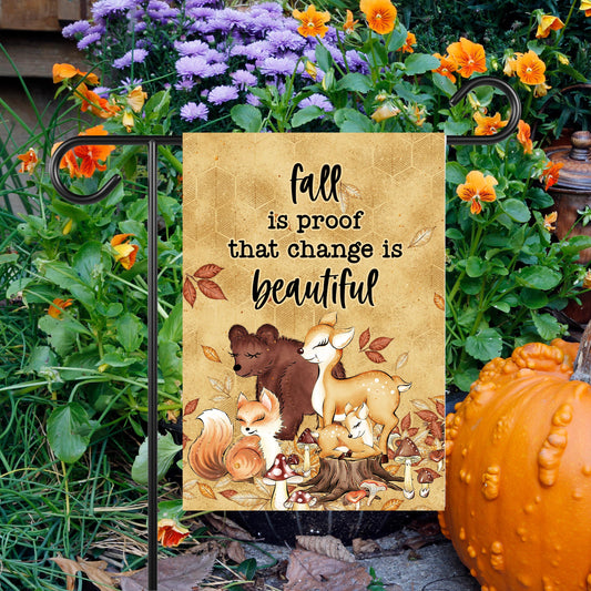 Double-Sided Woodland Creatures Fall Garden Flag with Change is Beautiful Quote - 12x18 Inch