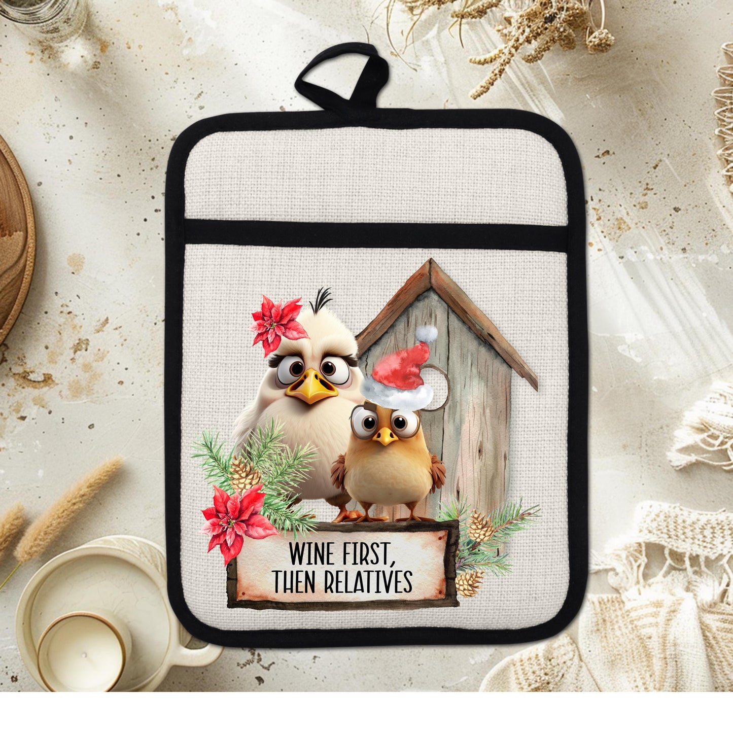 Funny Chicken Christmas Pot Holder with Wine First Then Relatives Quote - Rustic Linen Hot Pad Holiday Gift