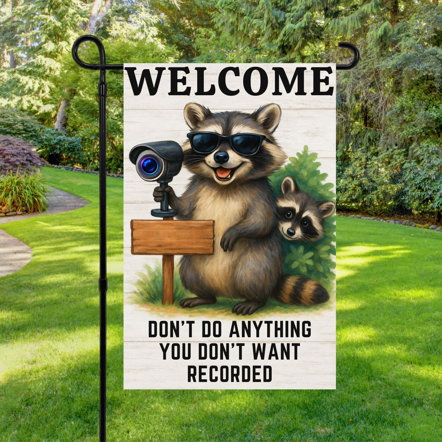 Funny Raccoon Garden Flag – Security Camera Porch Decor | Welcome Yard Banner - detail view