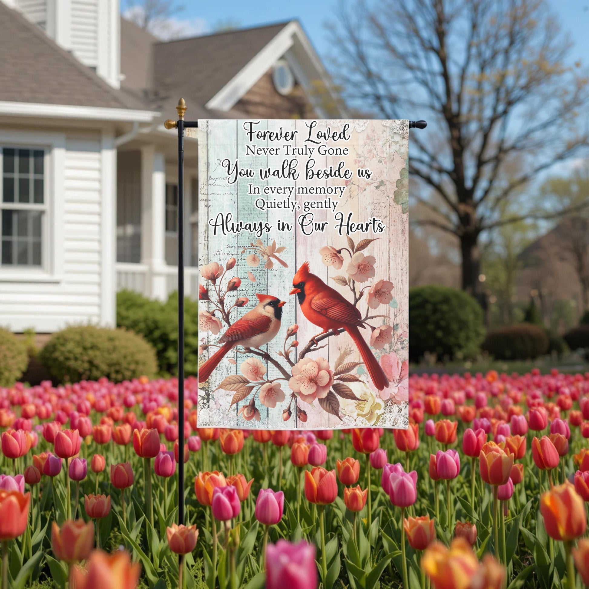 Memorial Garden Flag - Forever Loved Cardinal Tribute, Double Sided, Weather Resistant 12x18 - alternate view