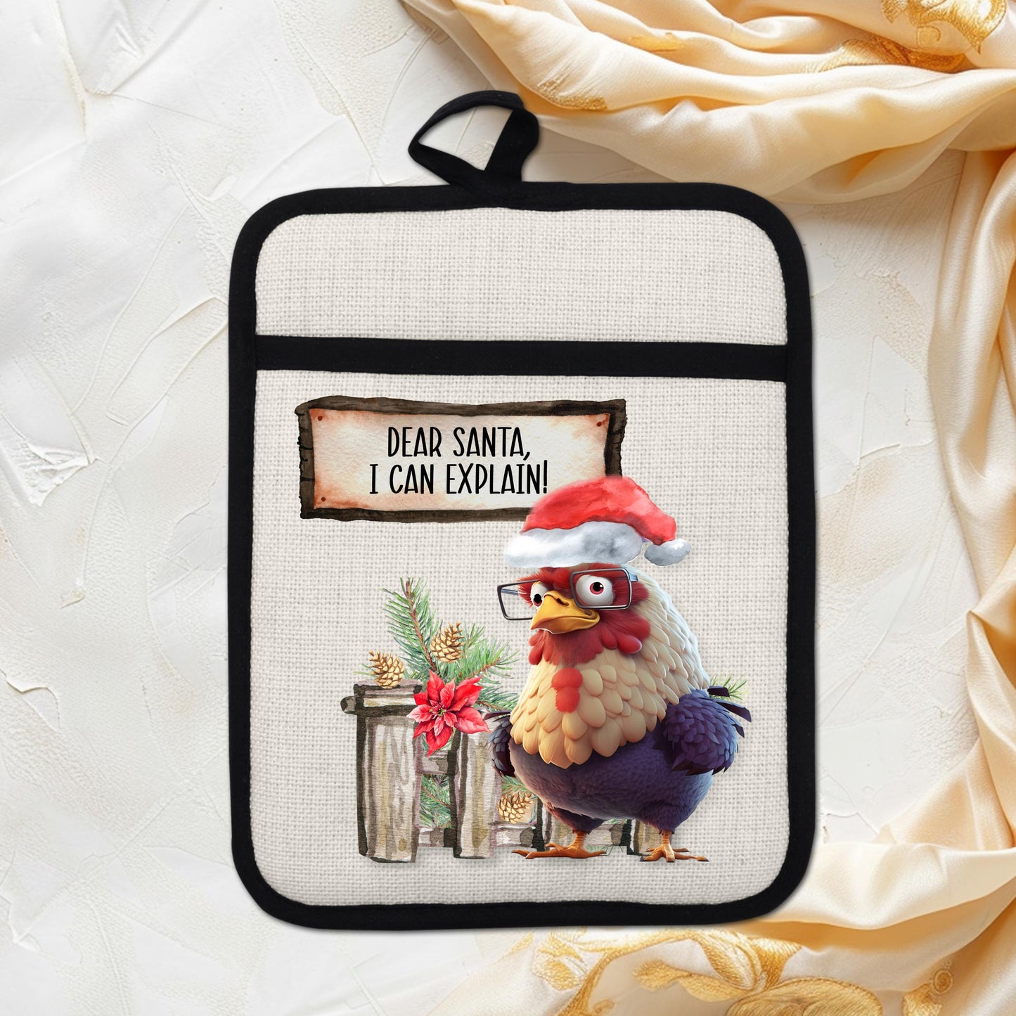 Funny Chicken Christmas Pot Holder with Santa Hat  Fence Scene - Dear Santa I Can Explain Linen Hot Pad Gift