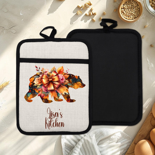 Personalized Autumn Bear Potholder with Pocket - 9x7 Non-Slip Silicone Baking Essential