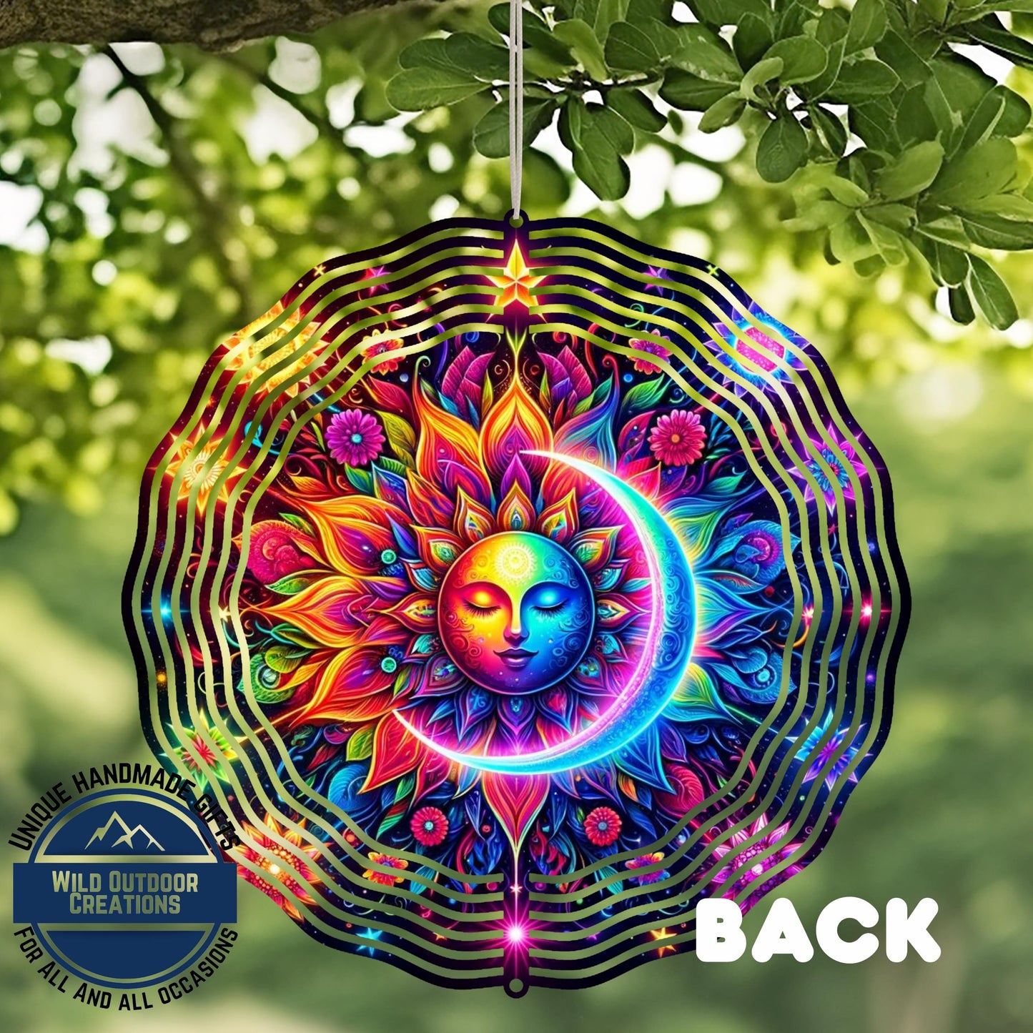 Celestial Wind Spinner - Neon Sun Moon Design | Double Sided Aluminum Spinner