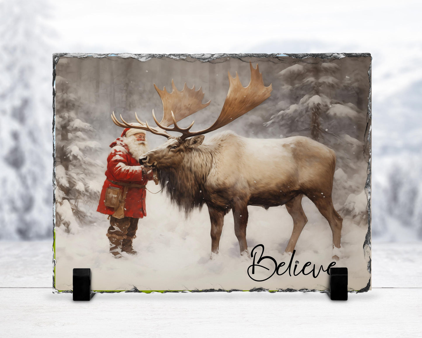 Believe Quote Slate Plaque with Santa  Reindeer - Fractured Edge Christmas Decor