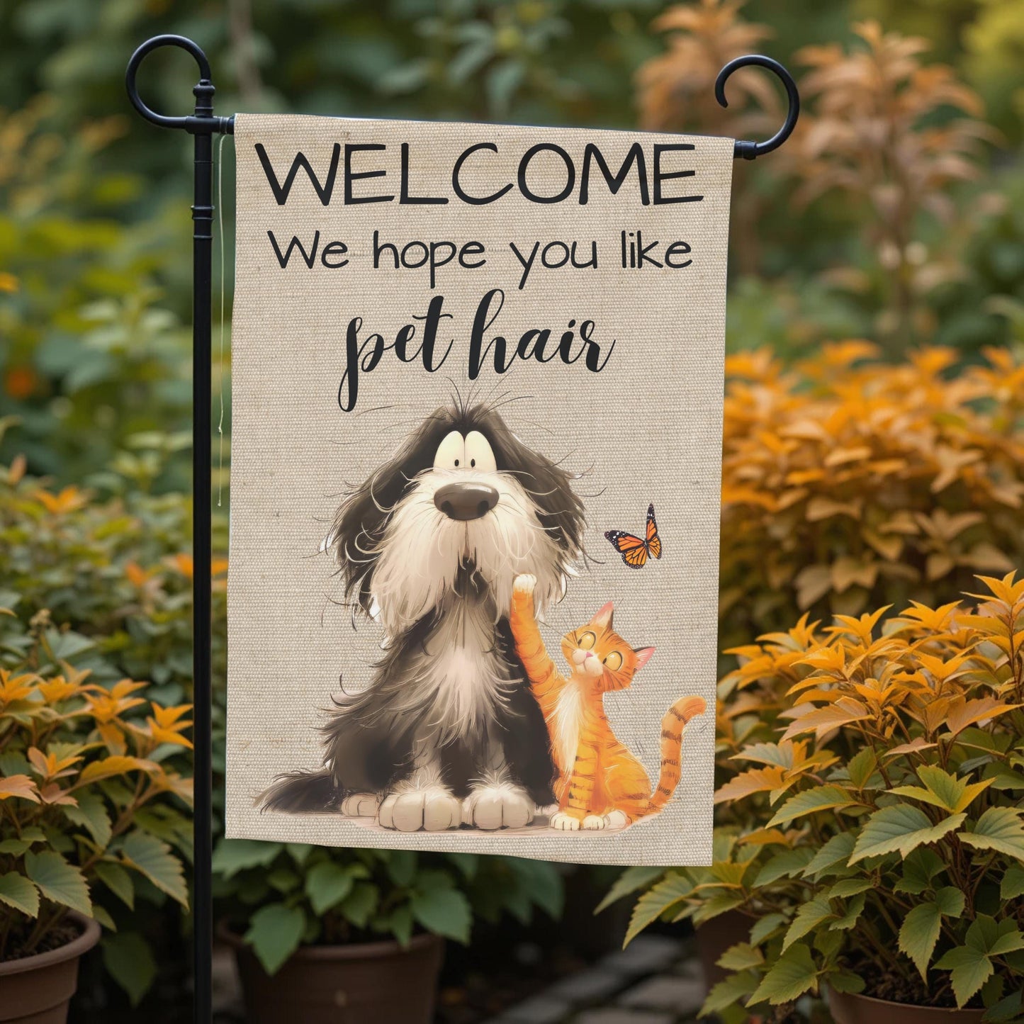 Pet Hair Garden Flag - Funny Welcome Dog And Cat Outdoor Decor 12x18 Sublimation - front and back