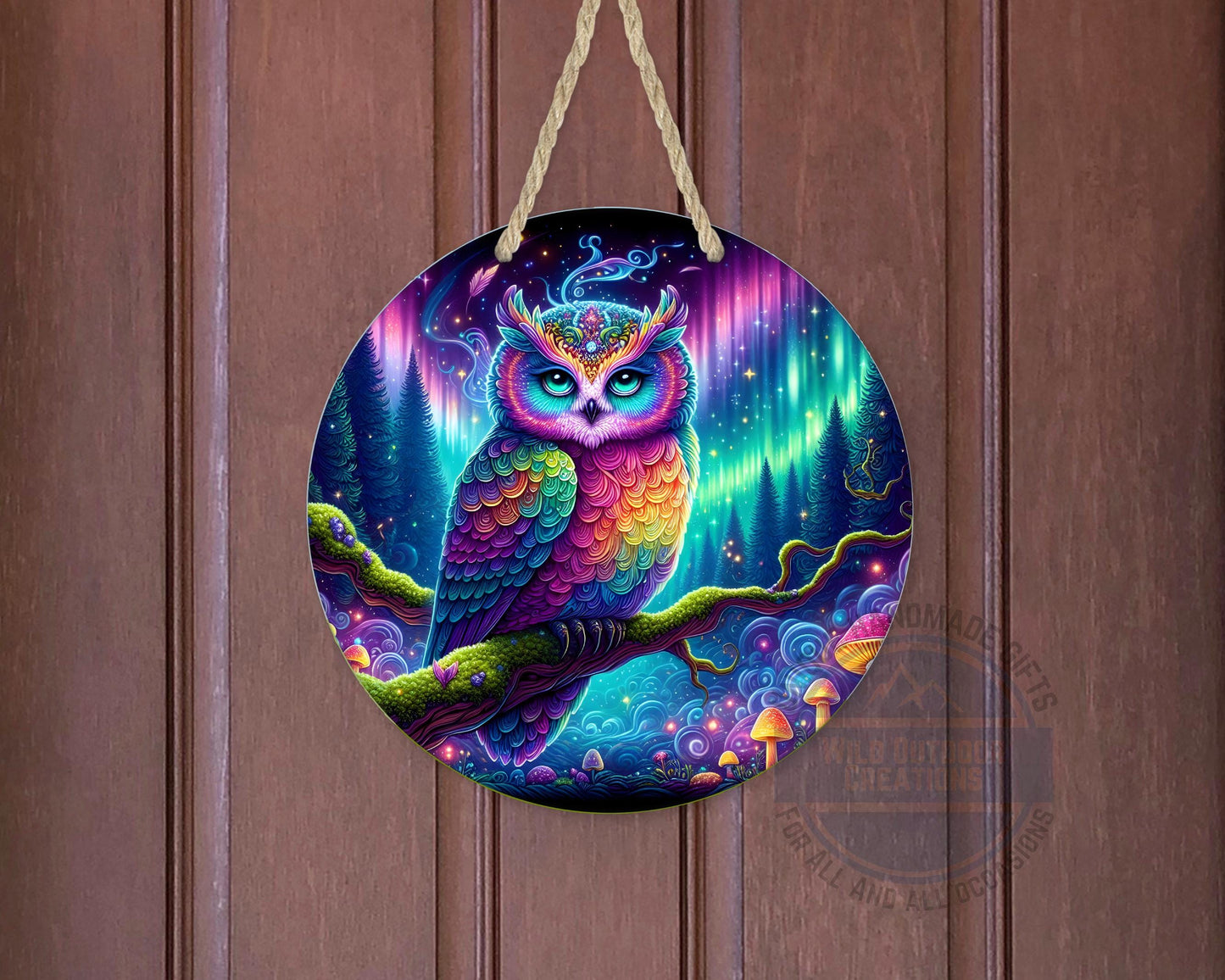 Rainbow Owl Wall Art – Psychedelic Forest Scene | Round Aluminum Sign With Fade Resistant Print