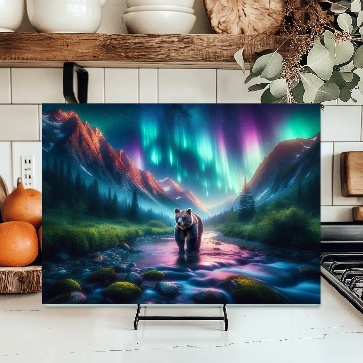 Vibrant Northern Lights Bear River Tempered Glass Cutting Board, Hostess Housewarming Gift, Bear Lover Gift, Kitchen Decor for Mom, New Home