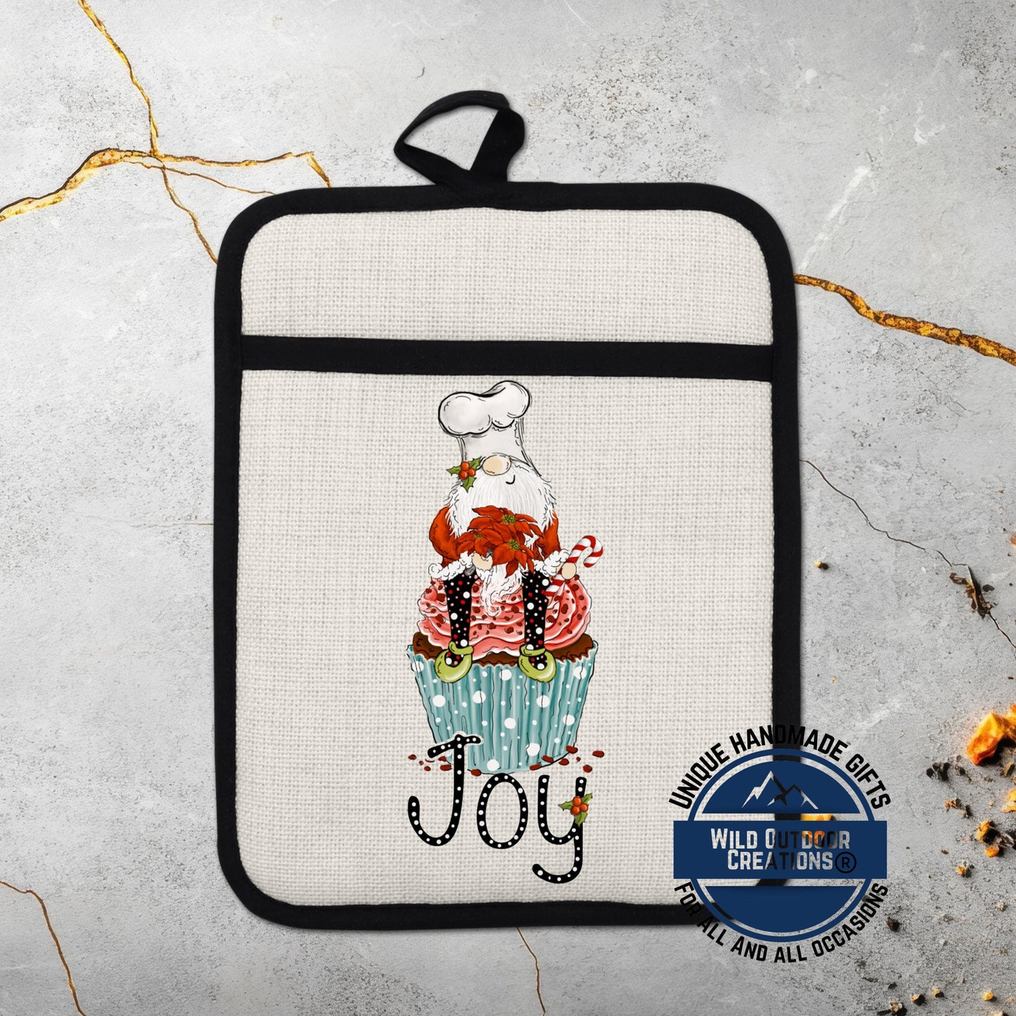 Gnome Pot Holder Linen Hot Pad Christmas Cupcake Joy Baking Kitchen Gift Decor