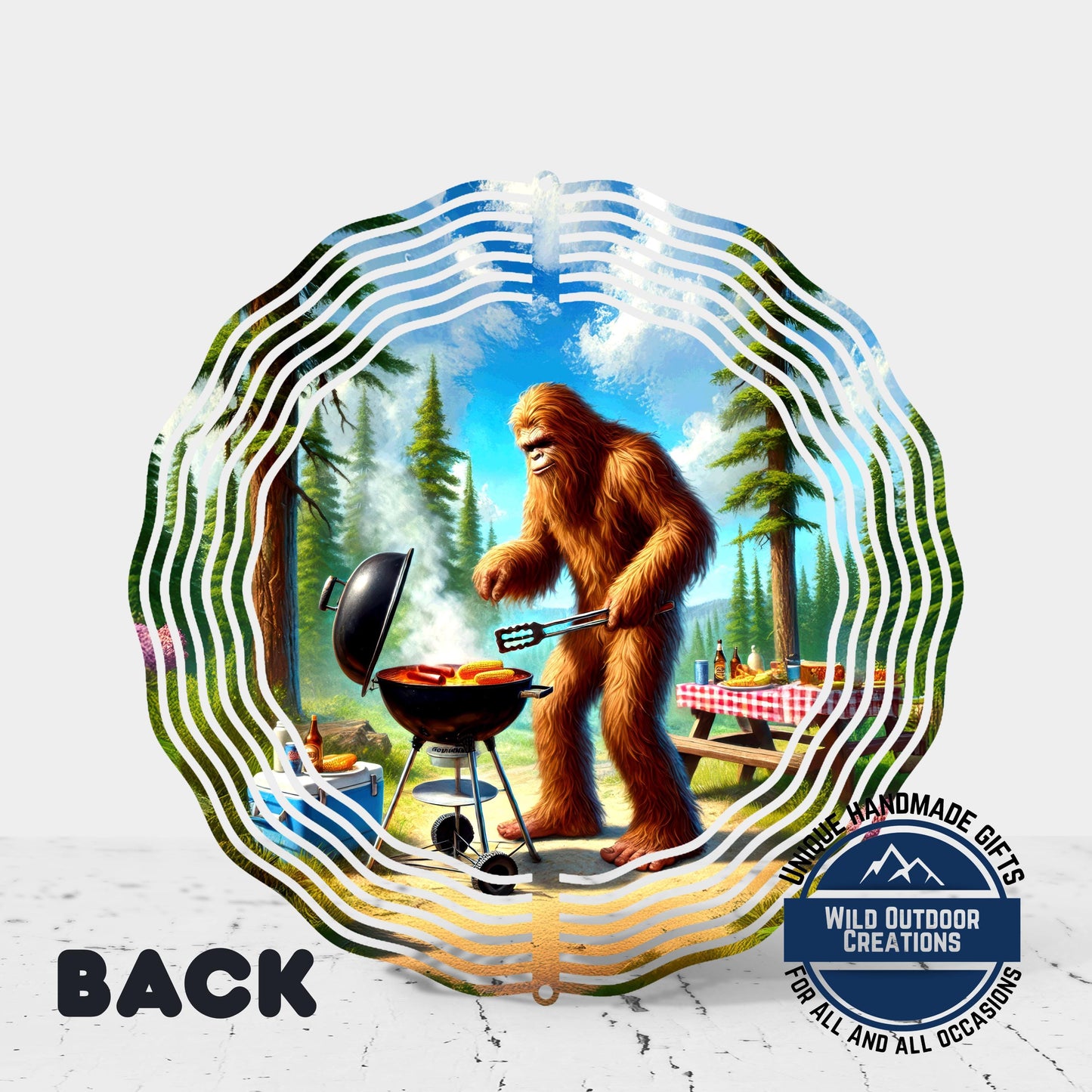 Bigfoot BBQ Wind Spinner – Aluminum Outdoor Sasquatch Garden Decor, Funny Grill Gift - close up detail