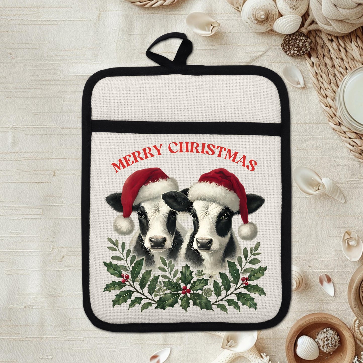 Christmas Cow Pot Holder with Santa Hats - Rustic Black  White Farmhouse Kitchen Decor