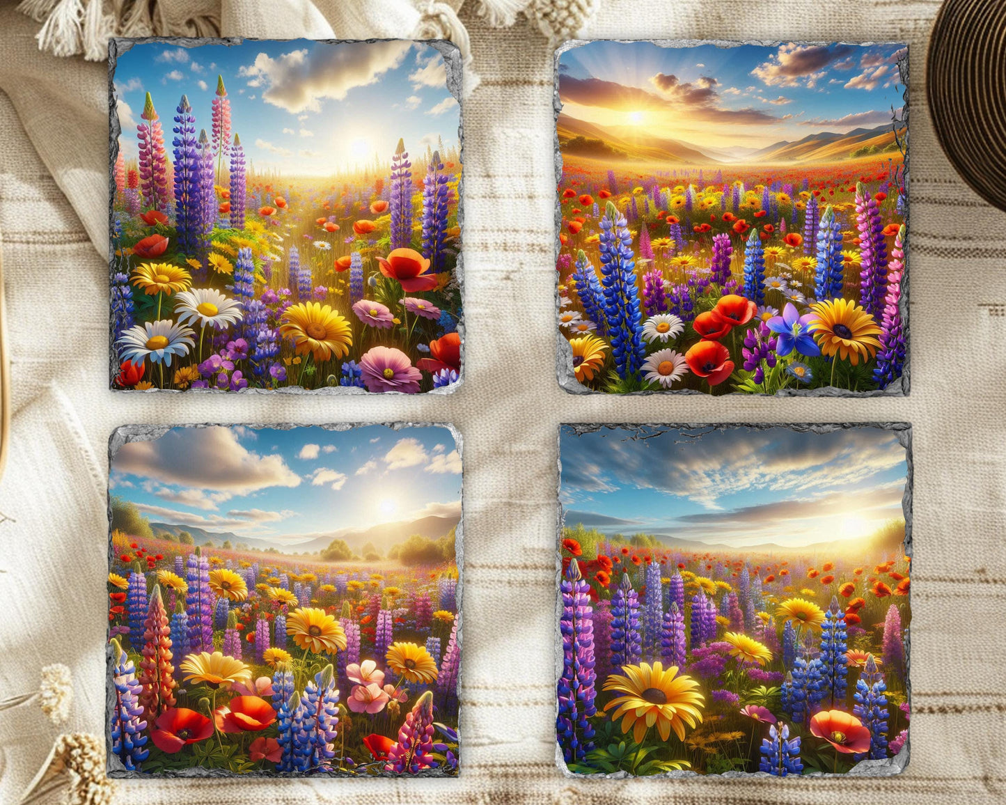 Rustic Sunset Slate Coaster Set - Wildflower Valley Gift for Her