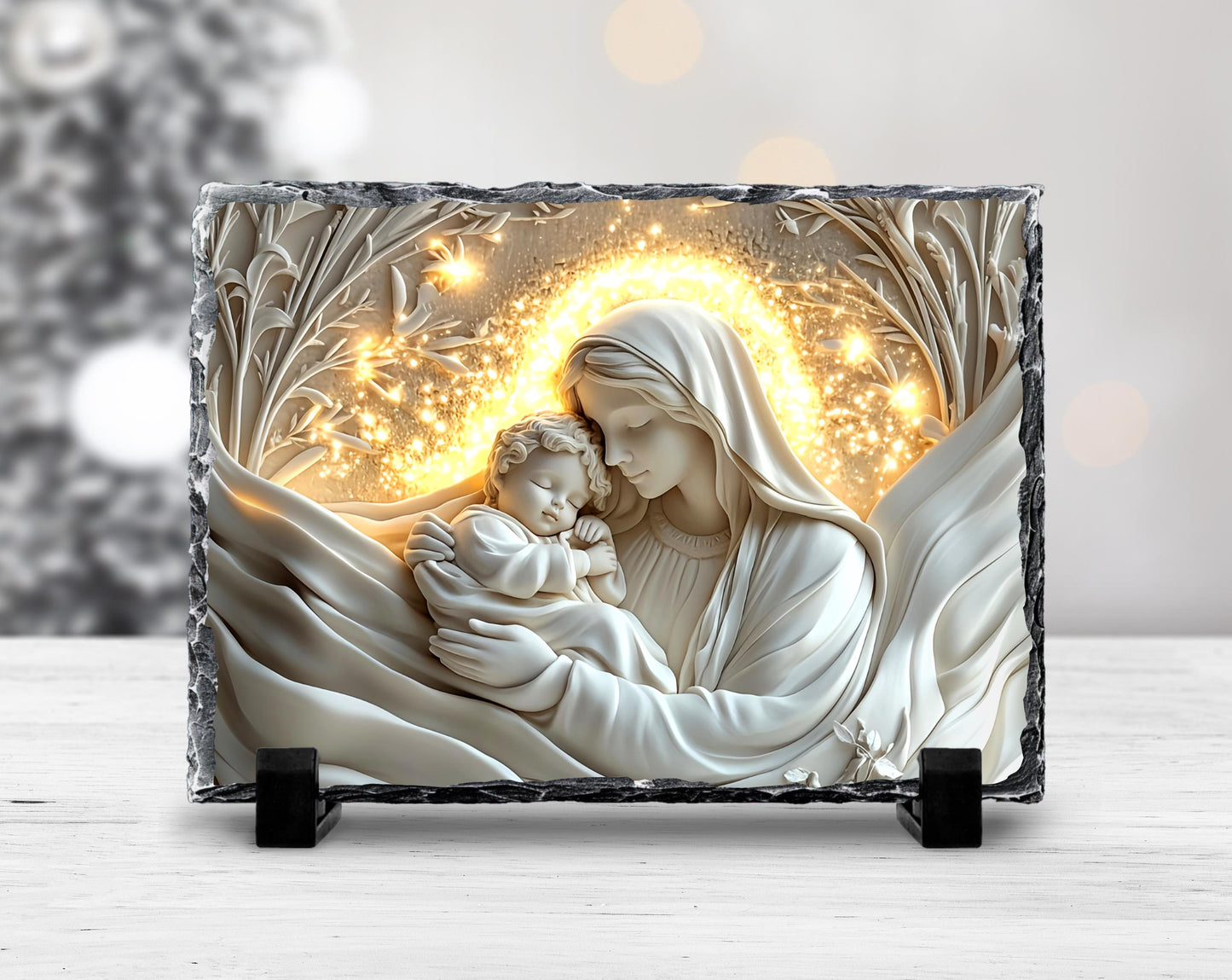 3D Mary and Baby Jesus Slate Plaque - with Fractured Edges  Gold Accents