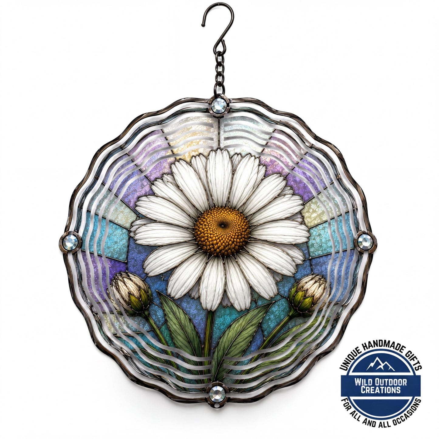April Birth Flower Daisy Wind Spinner 10 Inch Faux Stained Glass Metal Garden Decor