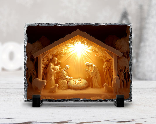 3D Glow Nativity Scene Slatestone Decor with Fractured Edges  Unique Religious Home Accent for Christmas Gifts