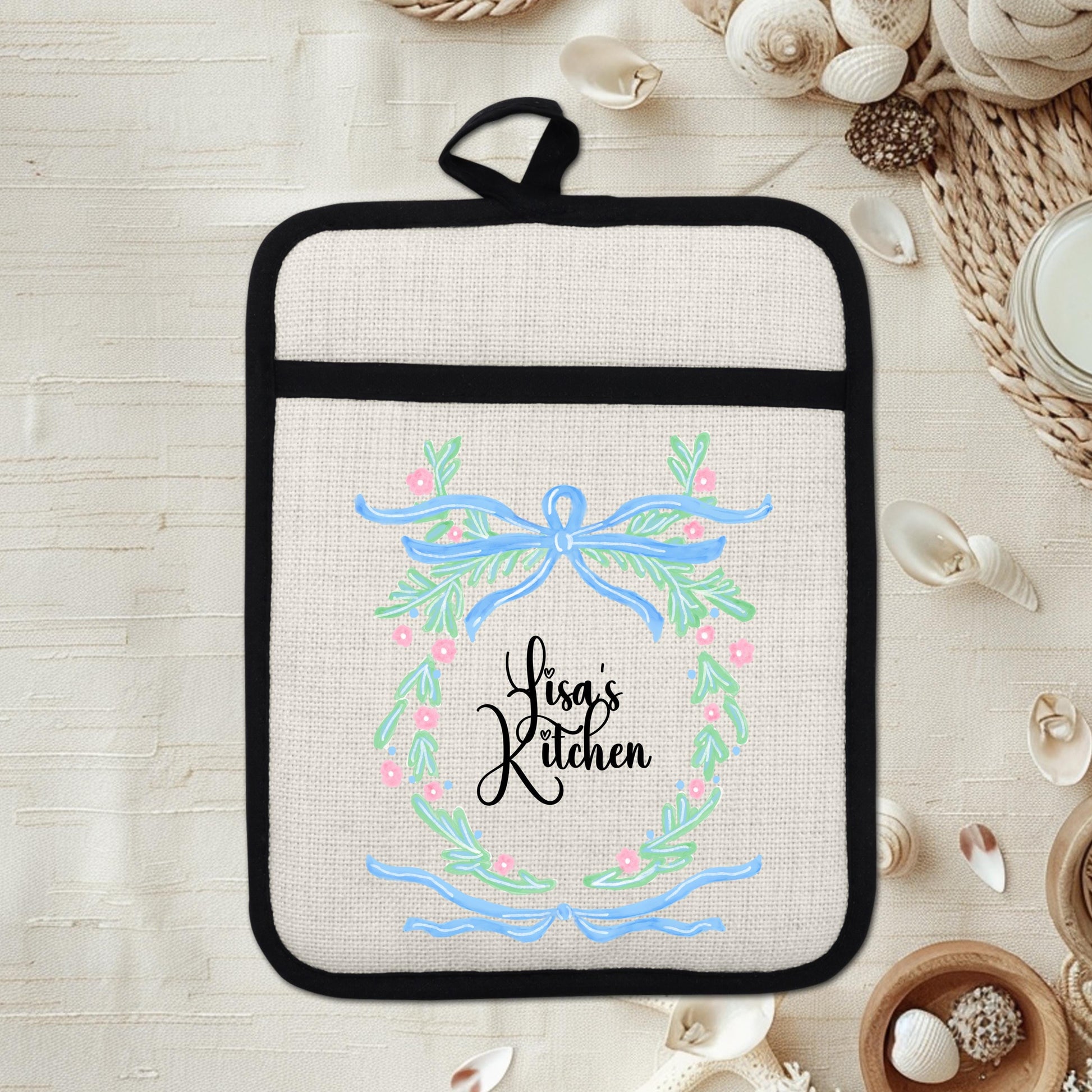 Personalized Pot Holder – Custom Name Floral Kitchen Gift With Linen Pocket - product dimensions and specifications