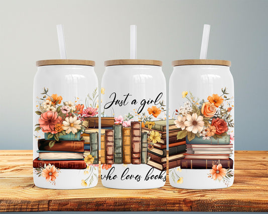 Book Lover Tumbler Gift, 16oz Stainless Steel Insulated Cup with Boho Flowers, Just A Girl Who Loves Books, Bookworm Gift, Book Decor Mug