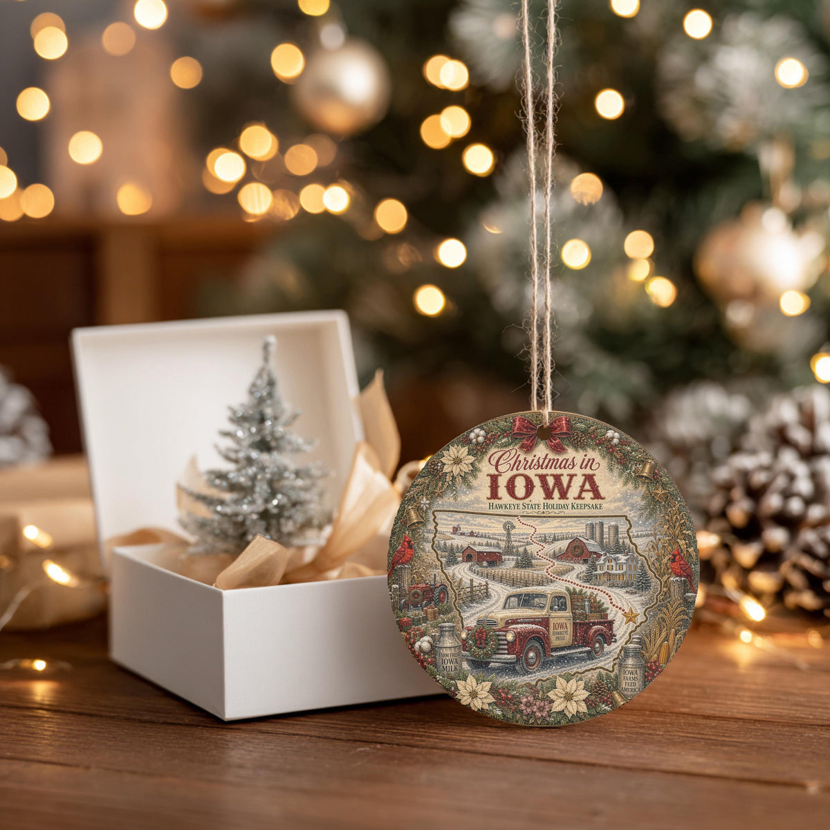 Iowa Christmas Ornament, Vintage Truck Cardinal Ceramic Keepsake