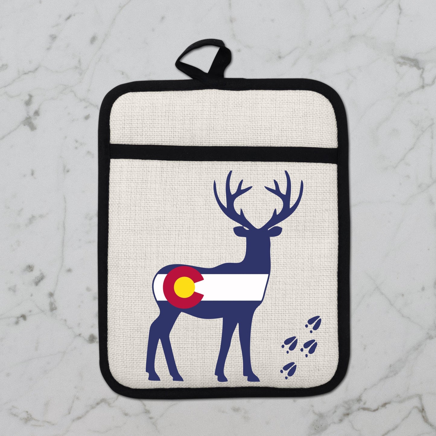 Colorado Deer Pot Holder - Linen Fabric, Silicone Back Trivet with Pocket Grip