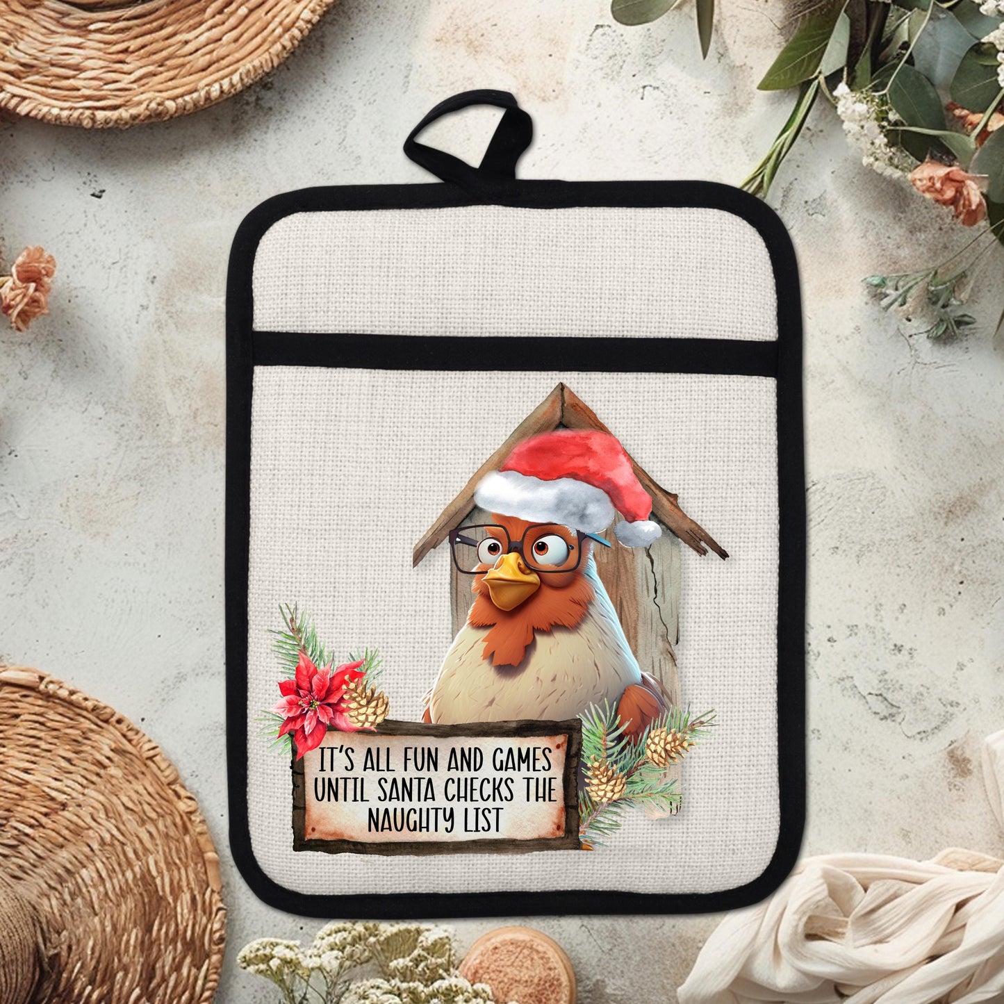 Funny Chicken Christmas Pot Holder with Naughty List Quote  Santa Hat - Rustic Linen Hot Pad for Festive Kitchen Decor