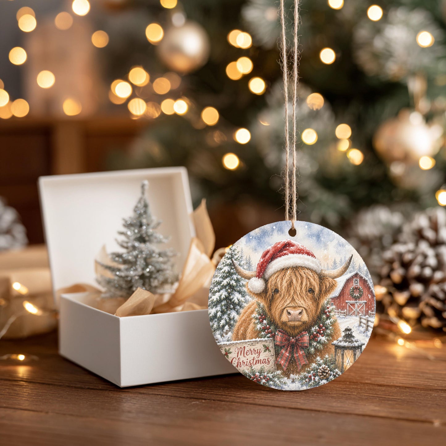Highland Cow Ornament, Round Ceramic, 3 Inch Winter Barn Scene