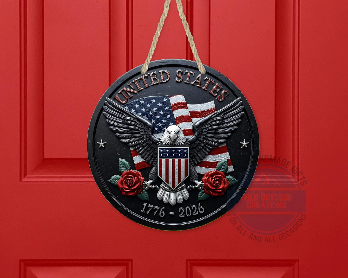 American Eagle Door Hanger - Round Aluminum Patriotic Door Sign, Veteran Gift Idea