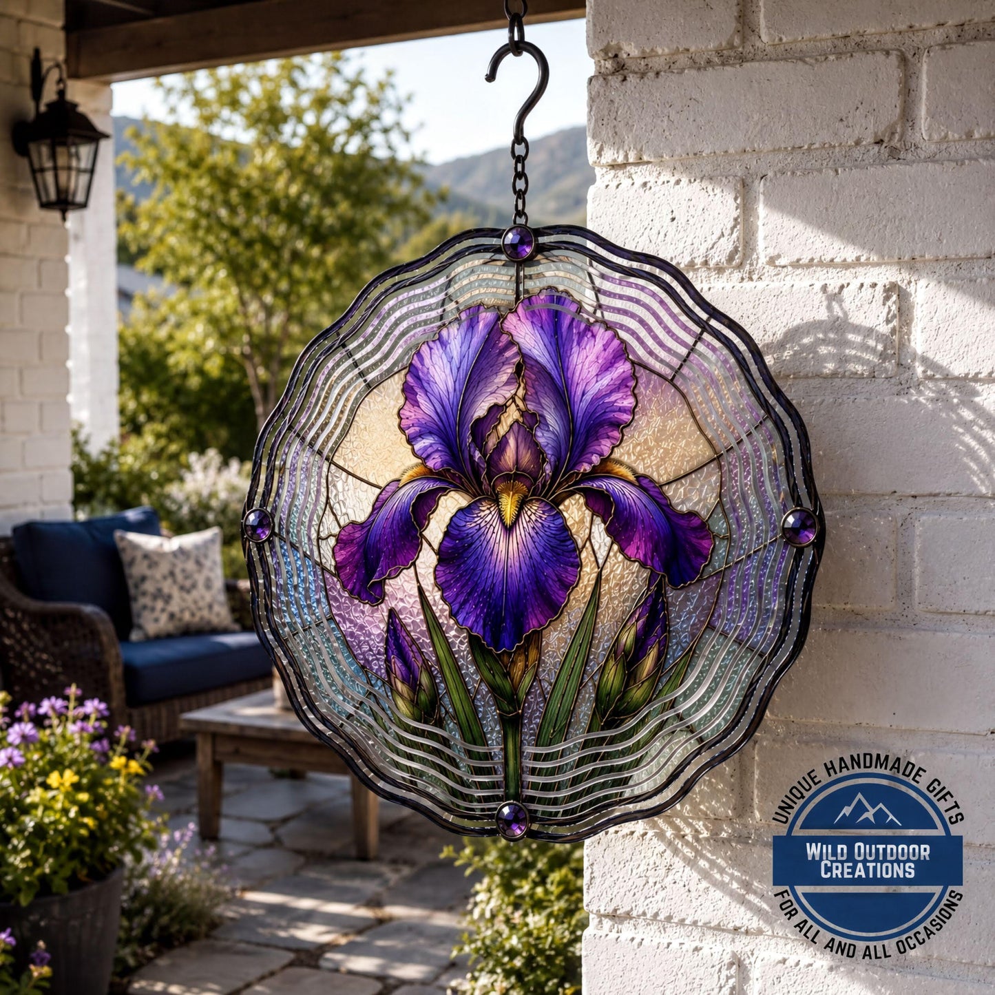February Birth Flower Iris Wind Spinner 10 Inch Faux Stained Glass Metal Garden Decor