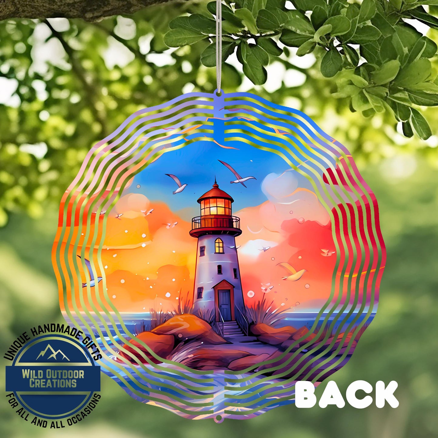 Lighthouse Wind Spinner – 10 Inch Double Sided Aluminum Coastal Yard Art - close-up detail of design