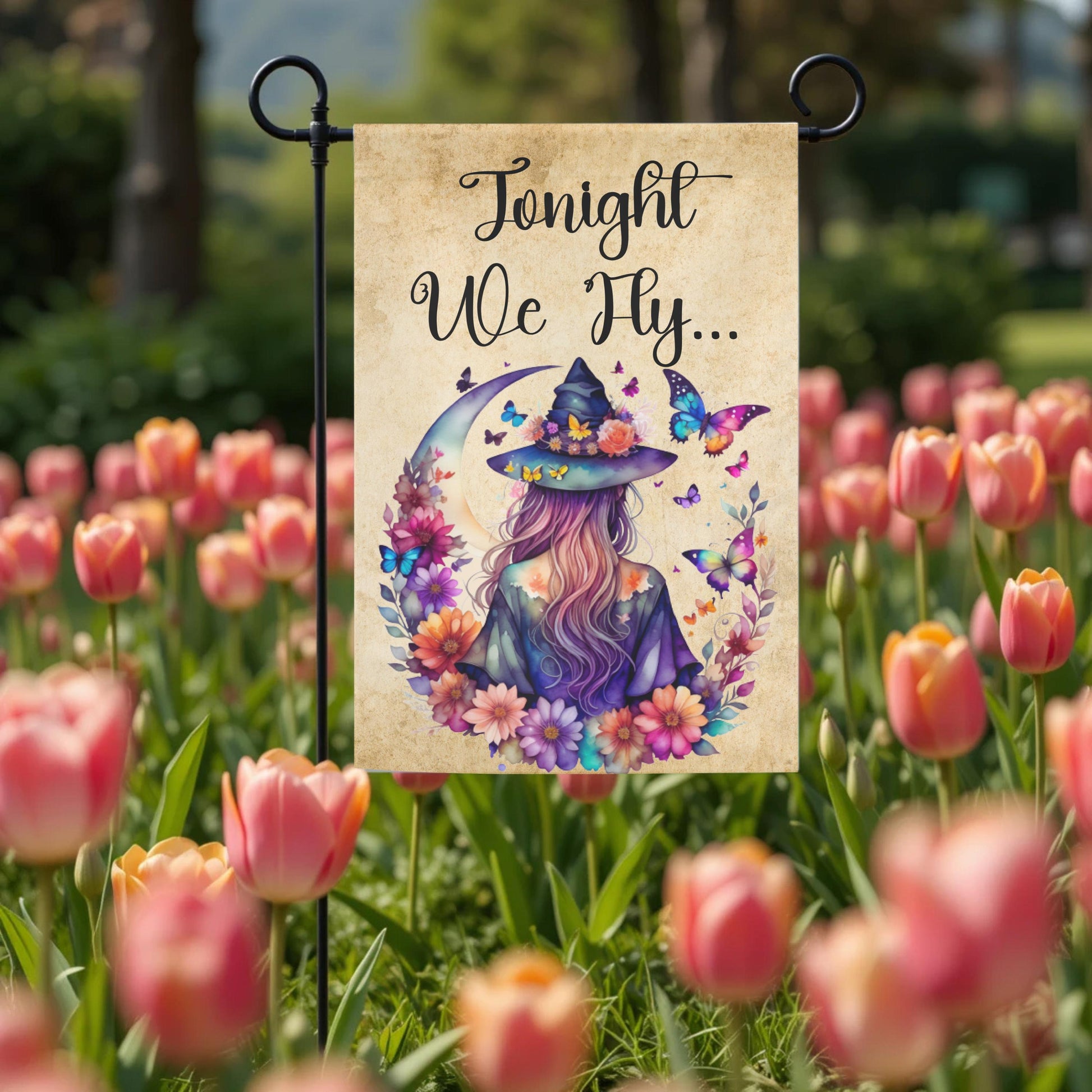 Witch Garden Flag – Floral Butterfly Moon | Boho Halloween Yard Decor 12x18 - close up detail