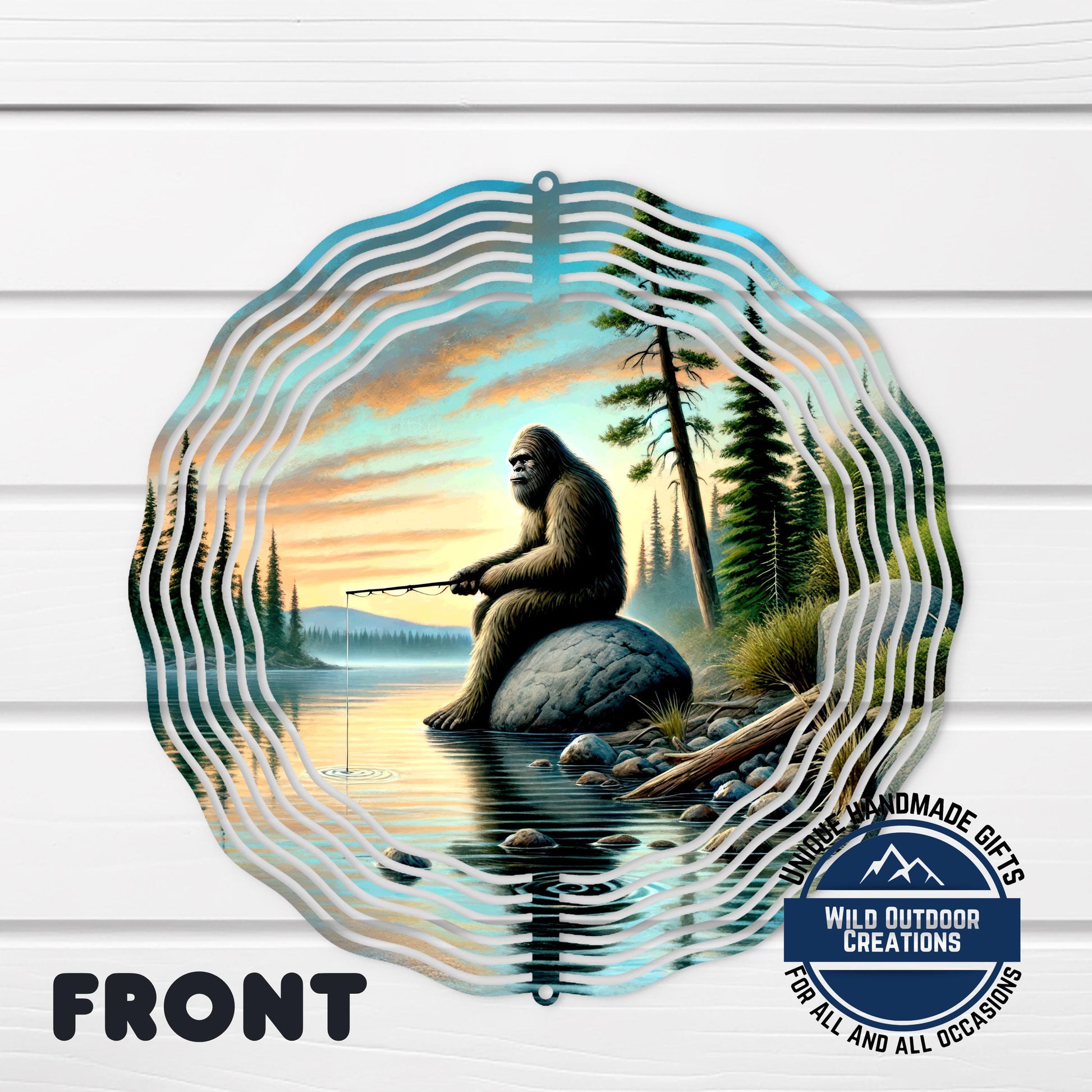 Bigfoot Fishing Wind Spinner - Aluminum Outdoor Spinner | Sasquatch Garden Decor - lifestyle display