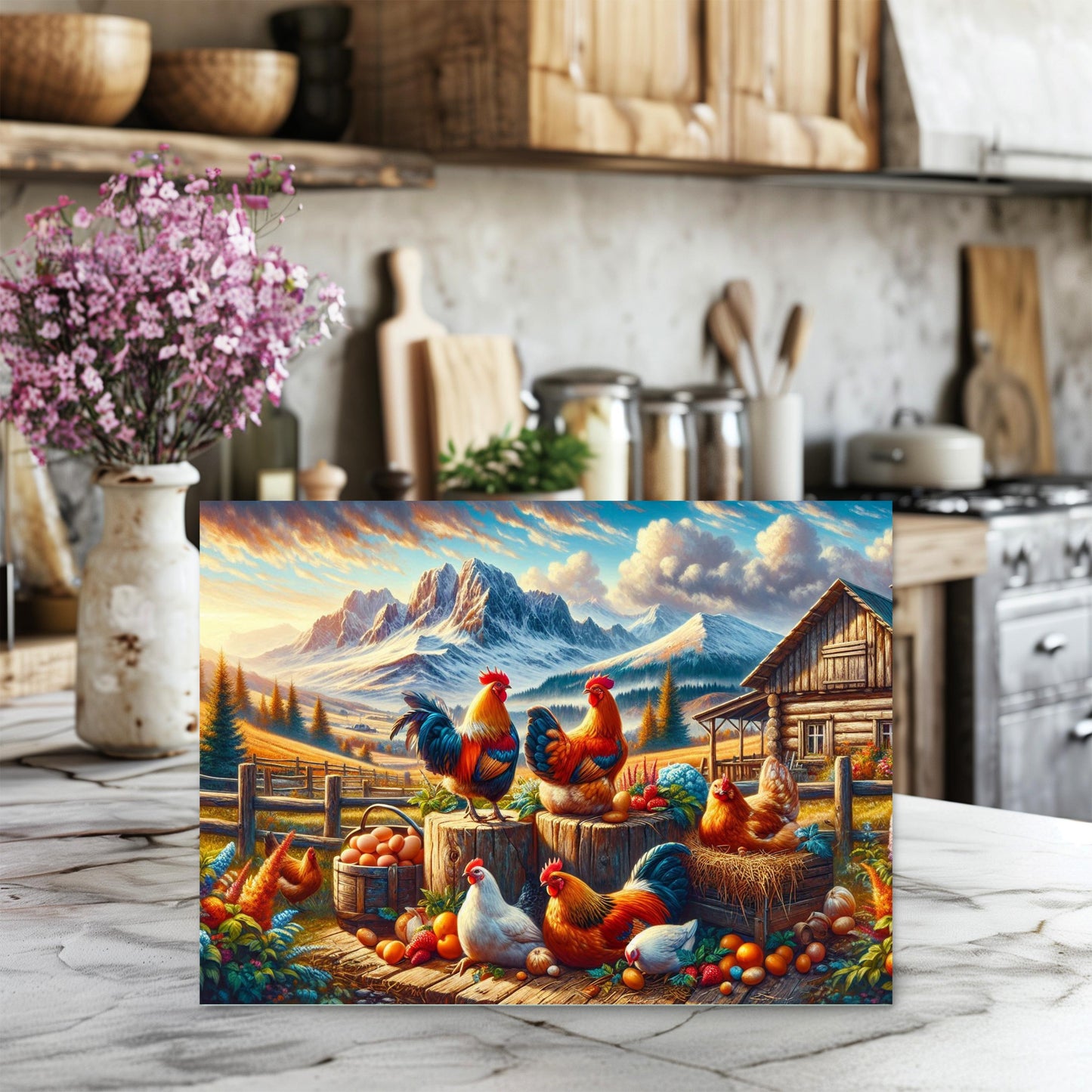 Mountain Farm Chicken Cutting Board - Rustic Glass Art Kitchen Decor Perfect Gift for Chicken Lovers
