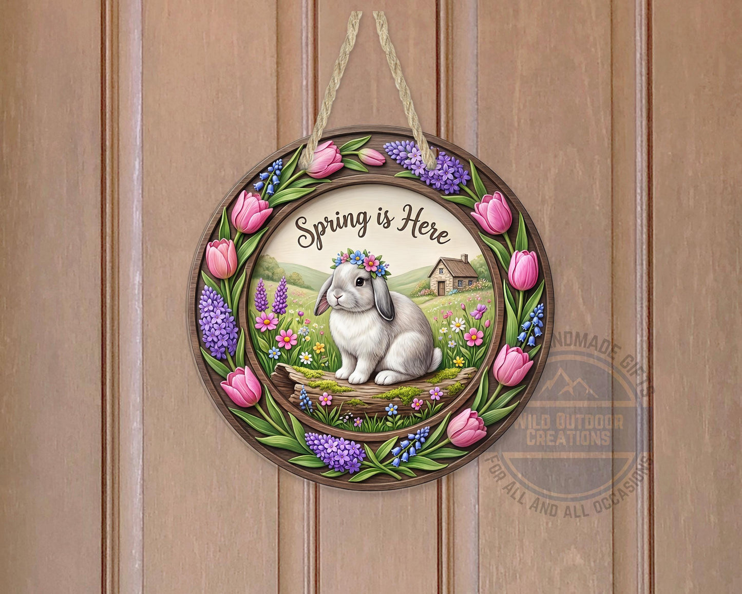 Spring Door Hanger – Round Aluminum Bunny Spring Sign with Tulip Decor - product dimensions and specifications