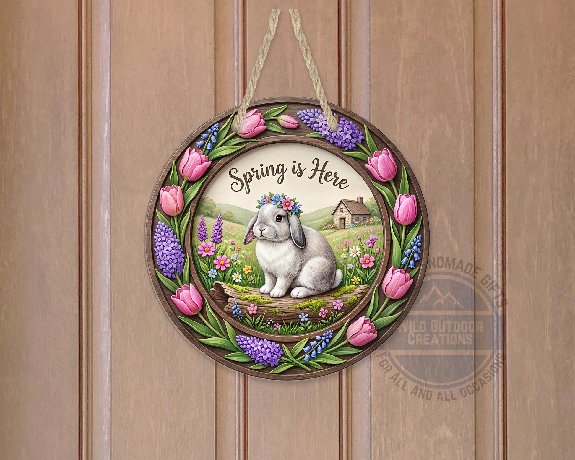 Spring Door Hanger – Round Aluminum Bunny Spring Sign with Tulip Decor - product dimensions and specifications